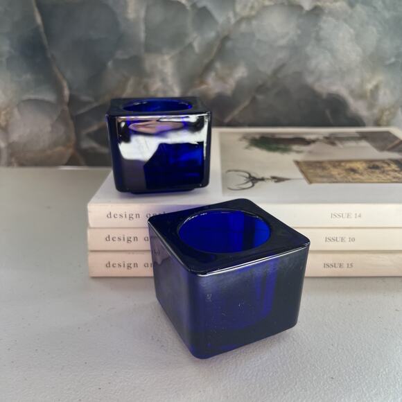 Unbranded Candlestick Holders Set of 2 Square Cube Cobalt Blue 2.5 x 2 - Picture 2 of 9